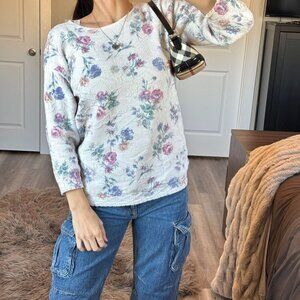 Vtg Y2K Floral Knit Sweater Grandma Chic Cottagecore Romantic White Feminine S
